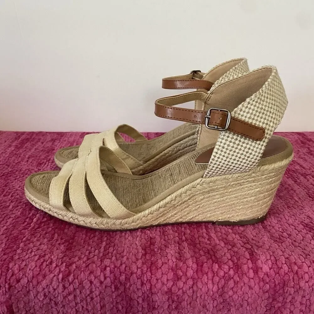 Lucky Brand Kylo Wedge Espadrille Sandals Linen Tan Size 8